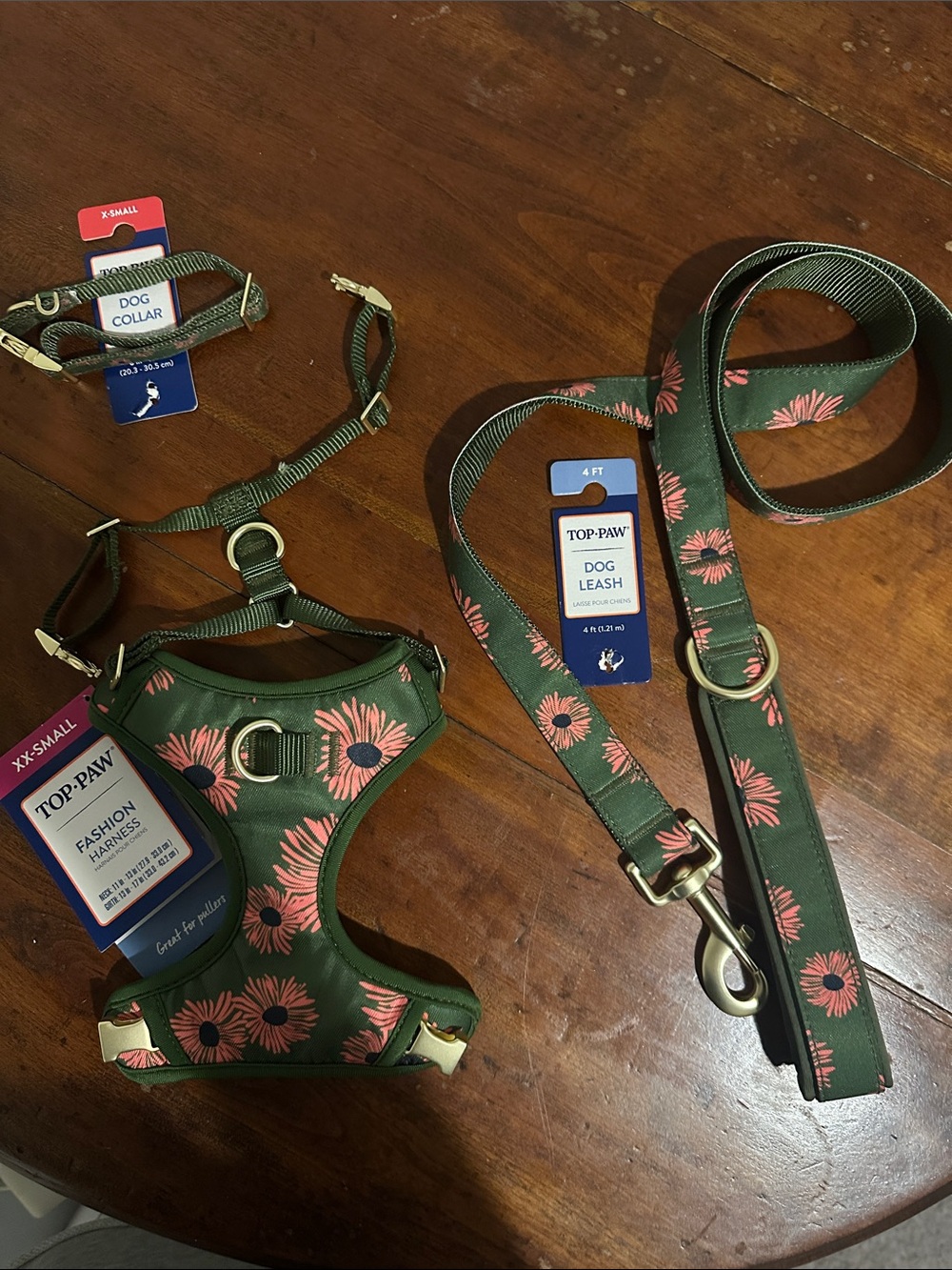 Top Paw Green Floral Dog Harness and Leash Set with Pink Flowers